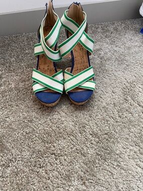 Women's Navy & White Striped Cork Wedge Sandals
